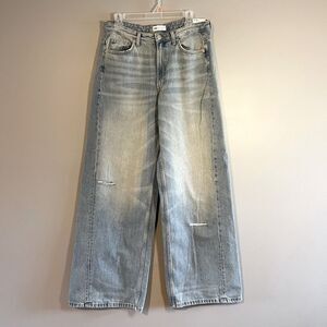 ZARA Wide Leg Full Length Shifted Jean Distressed Denim | SZ 6